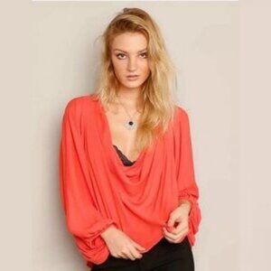Free People‎ Coral Pink Cowl Neck Drape Blouse Top Size XS Raglan Sleeves Boho
